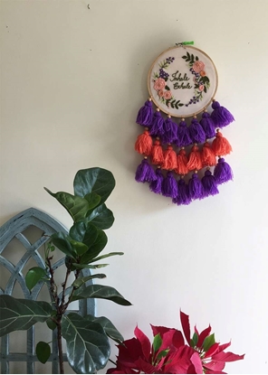 HomelyMess Purple & Peach Embroidered Tasseled Dreamcatcher